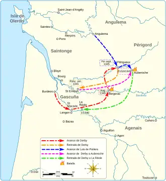 A map of south-west France in 1345 showing the main movements of troops between August and November