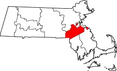 Mapa de Massachusetts con la ubicación del condado de Norfolk