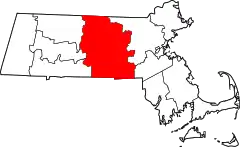 Mapa de Massachusetts con la ubicación del condado de Worcester