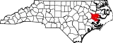 Mapa de Carolina del Norte con la ubicación del condado de Beaufort