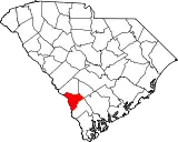 Mapa de Carolina del Sur con la ubicación del condado de Allendale