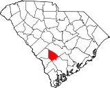 Mapa de Carolina del Sur con la ubicación del condado de Bamberg