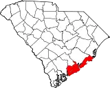 Mapa de Carolina del Sur con la ubicación del condado de Charleston