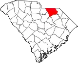 Mapa de Carolina del Sur con la ubicación del condado de Chesterfield
