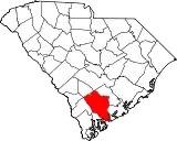 Mapa de Carolina del Sur con la ubicación del condado de Colleton