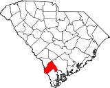 Mapa de Carolina del Sur con la ubicación del condado de Hampton