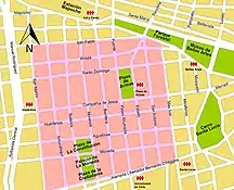 Mapa de Santiago centro. En tono rosa, la zona más característica de cafés con piernas.