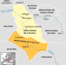 Mapa del Principado de Hálych en el siglo XIII, que formó el núcleo de lo que será Galitzia