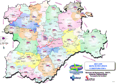 Mapa de la distribución territorial de las unidades de soporte vital avanzado en 2009 del Sacyl-112.