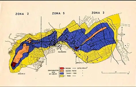 Primer mapa radiométrico de la "Zona 0" en 1966. Este es un mapa convencional superpuesta con las delimitaciones de las áreas con diferentes niveles de radiactividad. Como elemento de inventario radiológico, es el instrumento principal para acometer cualquier acción de remedio.