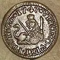 Anverso de moneda de 1 maravedí (cobre) de Fernando VI con "ceca" de Segovia del año 1747.