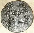 Anverso de moneda de 4 maravedís (cobre), acuñada a nombre de los Reyes Católicos con "ceca" de Cuenca.