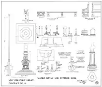 Trabajos de mármol, metal y exterior. Planos arquitectónicos de la Biblioteca Pública de Nueva York, 1909