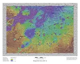 Mapa que muestra las ubicaciones de Uzboi Vallis y Ladon Vallis, otras características cercanas