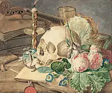 Vanitas con bouquet floral, calavera, reloj de bolsillo y vela apagada (1862), de Maria Margaretha van Os