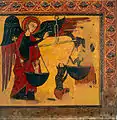 San Miguel pesando almas con el diablo intentando decantar la balanza a su favor. Escena pintada por el Maestro de Soriguerola, siglo XIII.