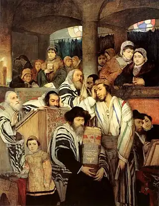 Maurycy Gottlieb, Judíos orando en la sinagoga en Yom Kipur, óleo, 1878. Museo de Arte de Tel Aviv, Israel.
