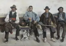 Varios hombres aldeanos sentados en un banco, con los perros y sus garrotas