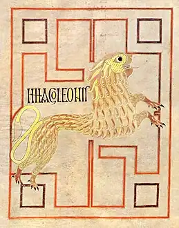 León de San Marcos en el Evangeliario de Echternach, arte hiberno-sajón (ca. 690).