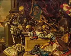 Memento mori con instrumentos musicales, libros, partituras, esqueleto, cráneo y armadura (c. 1670), de Carstian Luyckx