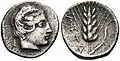 Moneda de Metaponto con Ceres en el anverso y una espiga en el reverso