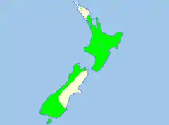 Distribución de M. umbellata en tierra firme en Nueva Zelanda. En las islas Auckland no se muestra.