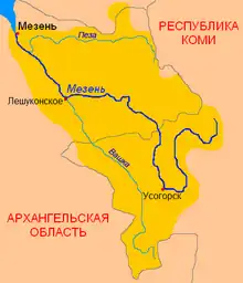 Mapa en ruso del río Mezén donde aparecen dos ciudades de este óblast: Leshukónskoye (Лешуконское) y Mezén (Мезень)