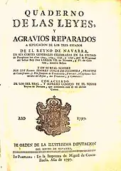 Portada del Cuaderno de las Cortes de 1797 con un escudo del reino de inspiración rococó