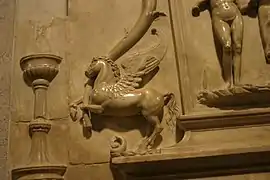 Detalle del monumento funerario del poeta Lancino Curzio, iglesia de San Marcos (Milán), 1513.