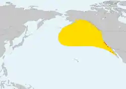 Distribución del elefante marino del norte (rojo: colonias reproductoras; amarillo: individuos no reproductores)