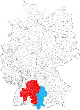Los límites actuales de Suabia: en rojo, en Wurtemberg ; en azul, el  distrito de Suabia en Baviera
