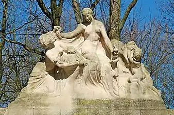 « La raza negra acogida por Bélgica »(Monumento a los pioneros belgas en el Congo, Cincuentenario, Bruselas).