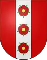 Escudo de la comuna suiza de Morens, con campo y tres rosas de gules, estas sobre un palo de plata.
