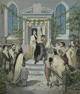 Ambos motivos figuran en esta pintura. Moritz Daniel Oppenheim, Shavuot (Conmemoración del Recibimiento de la Ley y Fiesta de las Primicias), 1873. The Jewish Museum, Nueva York.