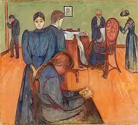 Muerte en la habitación de la enferma (1893), óleo sobre lienzo, 152,5 × 169,5 cm, Galería Nacional de Noruega.