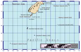 Localización de las islas Campbell en relación con Nueva Zelanda