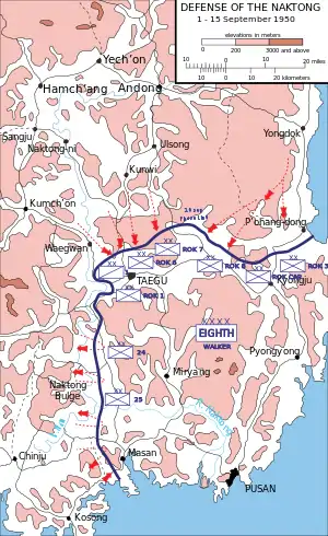 A map of troop movements against a defensive line on the southeastern tip of a landmass