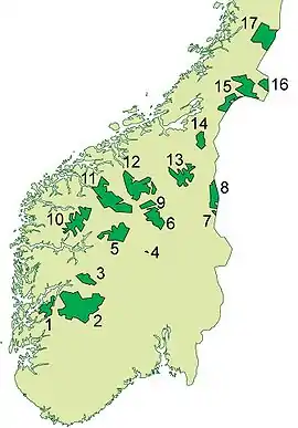 Mapa de los parques nacionales en la zona sur de Noruega; el Blåfjella-Skjækerfjella es el número 15.
