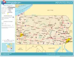 Mapa de Pensilvania mostrando las principales ciudades y carreteras