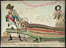 Un grabado impreso que muestra a un hombre en un distintivo uniforme naval que arrastra a dos cocodrilos con cabezas humas. A la derecha de la imagen, un hombre vestido con una bata de trabajo vitorea con aprobación la acción.