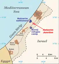 A map showing part of Israel, and to the west, the Gaza Strip and the Mediterranean Sea. To the south, part of Egypt is shown.