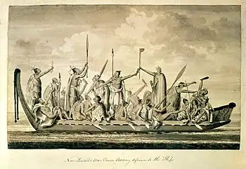 "Canoa de guerra neozelandesa lanzando un desafio al barco." Aguatinta de Sydney Parkinson, realizado en Queen Charlotte Sound, Isla Sur, hacia abril de 1770. British Library, Londres.