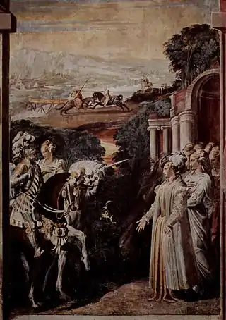 Alcina recibe a Ruggero, Fresco sobre lienzo, 401 x 282 cm, Pinacoteca Nacional, (Bolonia).