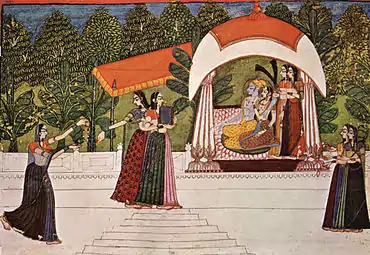 Miniatura rājput: Kriṣṇna y Rādhā en un pabellón (hacia 1750), de Nihāl Chand, Prayagraj.