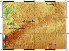 Mapa topográfico con el Ries de Nördlingen.