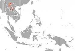 Distribución del gibón de mejillas blancas norteño(marrón — existente, naranja — probablemente extinto)