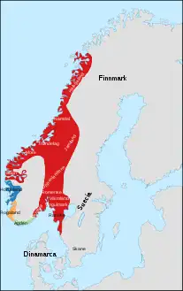 Ca. 872, antes de la definitiva batalla de Hafrsfjord: el reino unificado se muestra en rojo.