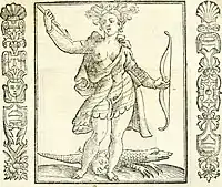 Edición de 1618 del libro de emblemas de Cesare Ripa Iconologia,  con una cabeza cortada entre sus pies.