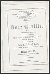 Impresión de partitura, usando diferentes fuentes y "respetuosamente dedicado al reverendo R. Allwood, B.A., titular de St James' y canónico de la catedral de St. Andrew", para su uso y servicio en St. Andrews'