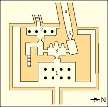 Annotated map of Nyuserre's valley temple. Described in detail in upcoming section.